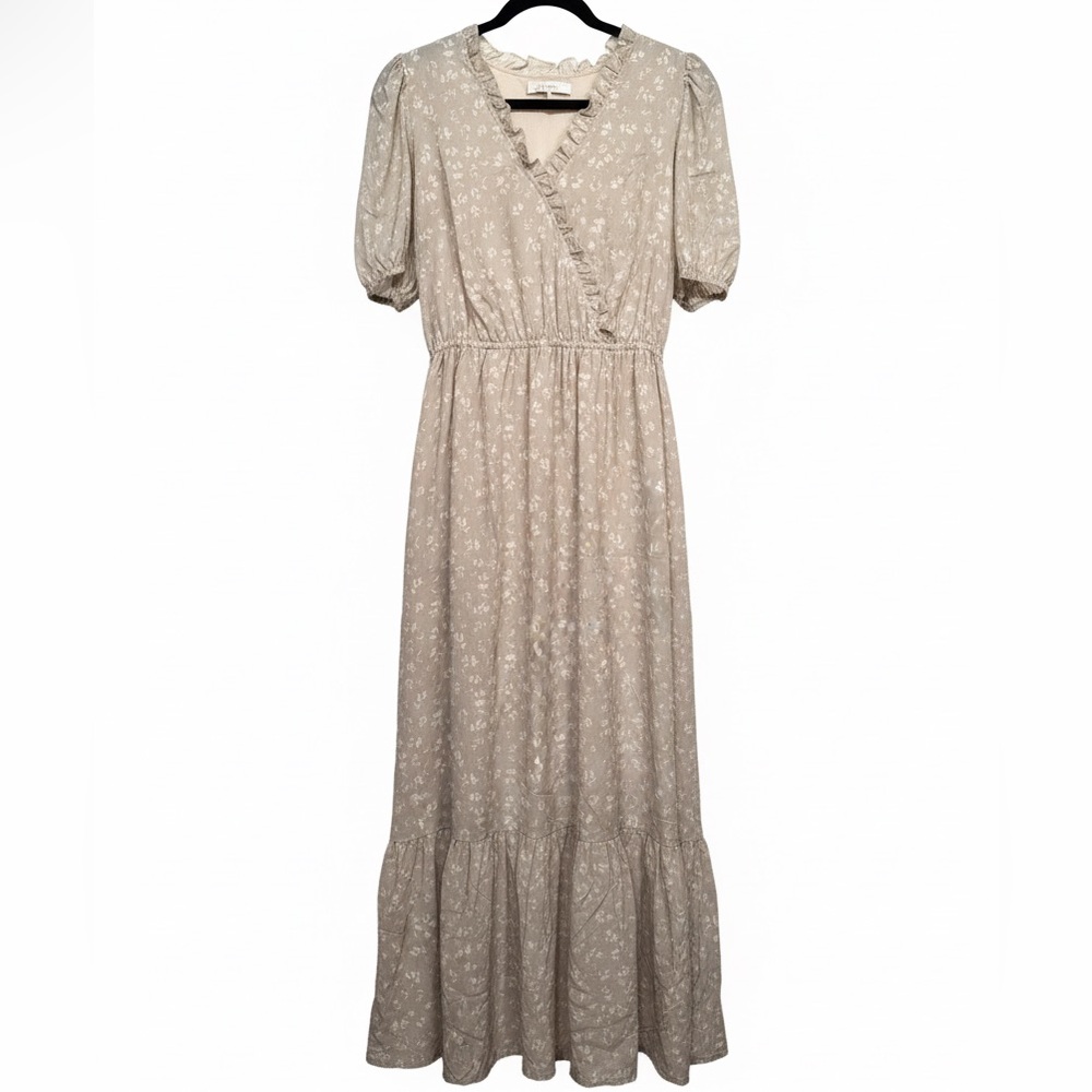 Women's beige ivory Floral ruffle tiered Maxi Dress size large nwt - Picture 2 of 4